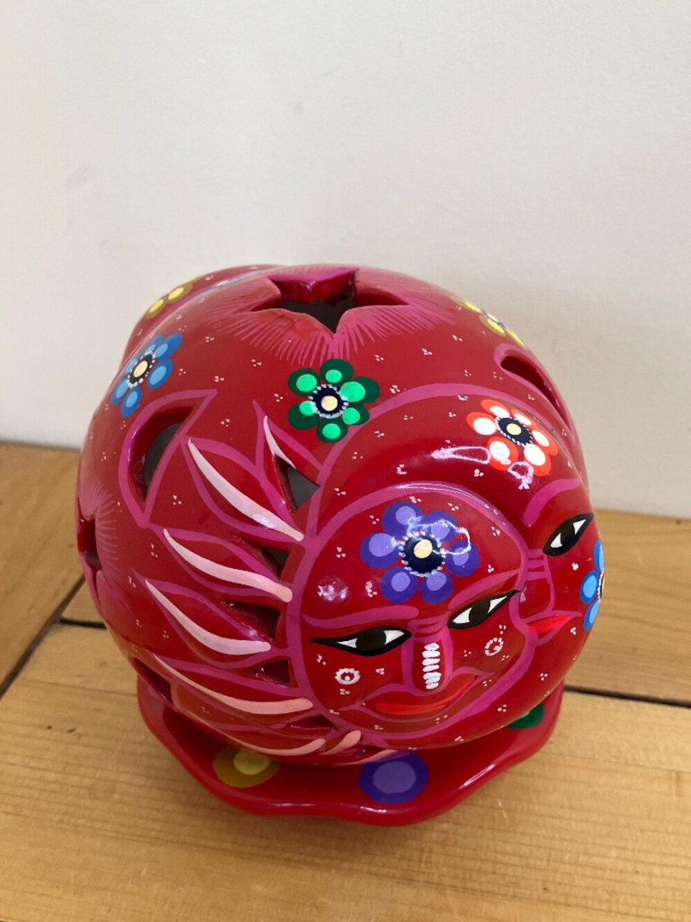 Celestial Ceramic Candle Holder Cover Shade with Base Red Sun Moon Star Design